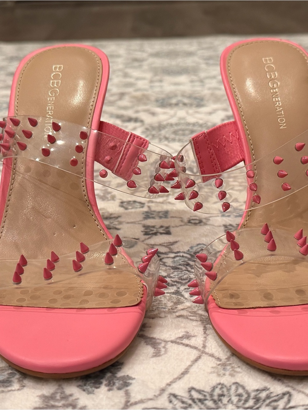 BCBGeneration Pink Clear Studded Strappy Open Toe Stiletto Slip-On Heel 8.5M